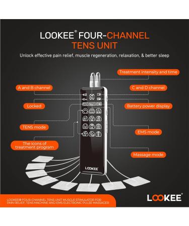 LOOKEE Premium LED 4-Channel TENS Unit EMS Muscle Stimulator - Pain Relief Therapy 36 Programs FSA/HSA Eligible - Buy Online on GoSupps.com