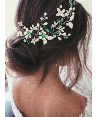IYOU Crystal Bridal Hair Vine Green Pearl Wedding Headband Rhinestone Beades Headpiece Brides Bridesmaid Hair Accessories for Women
