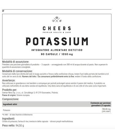 Cheers Natural Potassium Citrate Capsules 333mg - 90 Vegan Tablets | 1000mg Daily Dosage - 50% DV | Keto-friendly Electrolyte Supplement for Adults - Buy Online on GoSupps.com