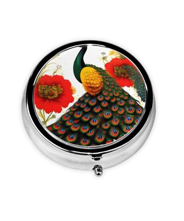 Peacock Red Flowerround Pill Box 3 Compartment Round Pill Box Organizer &Portable Travel Pill Box for Traveling.