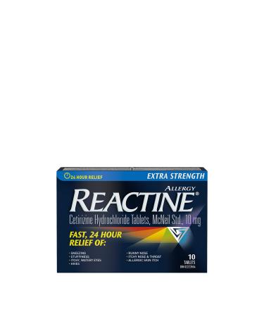Reactine Extra Strength Antihistamine Tablets - 10mg Cetirizine Hydrochloride - 24 Hour Allergy Relief Medicine - 10 Count 10 Count (Pack of 1)