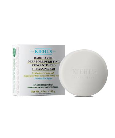 Kiehl's Rare Earth Deep Pore Purifying Concentrated Cleansing Bar Exfoliating Facial Soap Refines Skin Texture Visibly Reduces Pores Minimizes Shine with Amazonian White Clay - 3.5 oz