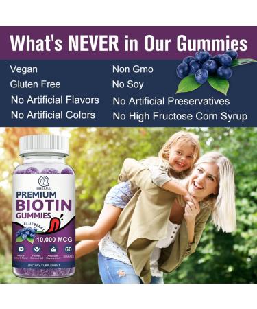 BBEEAAUU Biotin Gummy Vitamins for Hair, Skin, & Nails Growth - 120 Count x 2 Pack | 10000mg Vegan Pectin Gummies - Blueberry Flavor - Buy Online on GoSupps.com