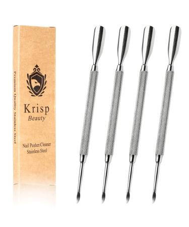Cuticle Pusher Dual Sided - Sharp Edge Spoon Shaped Double Ended Cuticle Pusher Remover Cleaner Surgical Medical Grade Stainless Steel Manicure Pedicure Nail Art Care Tools 4 PC Set By Krisp