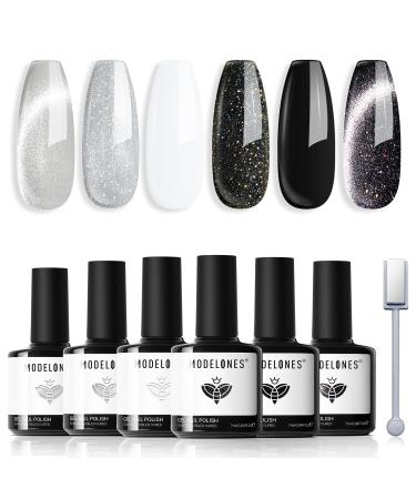 modelones Gel Nail Polish 6 Colors Cat Eye Black White Gray Silver Glitter Shimmer Gel Polish Kit with Magnet Sparkle Galaxy Series Soak Off Nail Art Manicure Home Gift for Women Girl