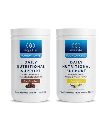 Equilife - Daily Nutritional Support Bundle All-in-One Vegan Protein Powder Daily Multivitamin Boost Energy & Mood Gut-Cleansing Aid Promotes Skin Health (Chocolate and Vanilla 14 Servings Each)