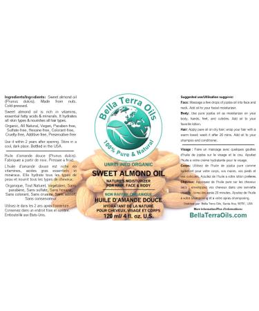 Bella Terra Oils Sweet Almond Oil 4 oz - 100% Pure, Organic, Cold-Pressed, Hexane-Free Natural Moisturizer for Hair, Face, Body, Nails, Beard, Stretch Marks - 4 Fl Oz - Buy Online on GoSupps.com