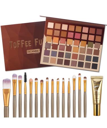 UCANBE TOFFEE FUSION 48 Colors Eyeshadow Palette +15Pcs Brushes Set + Eye Shadow Primer All in One Makeup Kit - Highly Pigmented Matte Shimmer Glitter Long Lasting Blendable Neutral Makeup Pallet