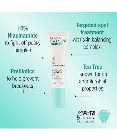 Super Facialist On The Spot Clarifying Gel - Spot Treatment for Acne with 10% Niacinamide Tea Tree Oil & Prebiotics Vegan Friendly 15ml - Buy Online on GoSupps.com