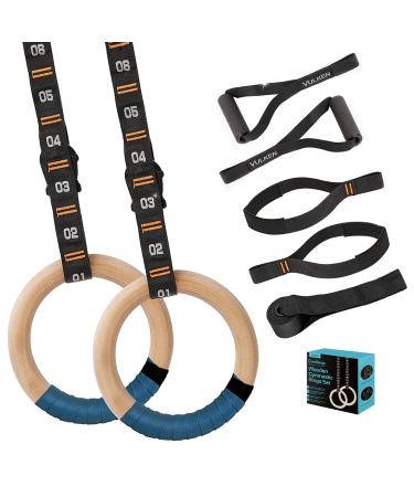Vulken Wooden Gymnastic Rings with Adjustable Numbered Straps. 1.25'' Olympic Rings for Core Workout, Crossfit, Bodyweight Training. Home Gym Rings with 8.5ft Exercise Straps and Workout Handles. Blue