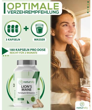 Naturally Lion's Mane Capsules - 180 Vegan Capsules | 1950mg 30:1 Extract | Premium Hericium Erinaceus | Made in Germany | Boost Your Focus & Clarity - Buy Online on GoSupps.com
