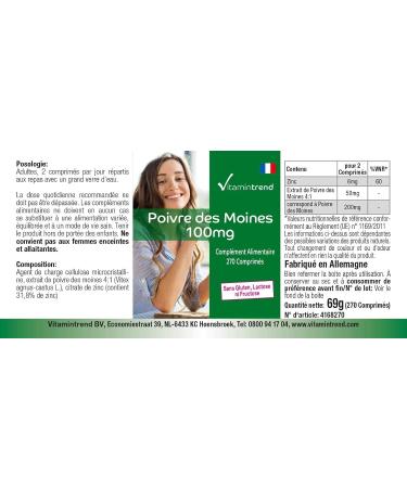 Monk Pepper 100mg - Vitex Agnus Castus Fruit Extract with Zinc - Vegan - 270 Tablets | Vitamintrend  - Buy Online on GoSupps.com