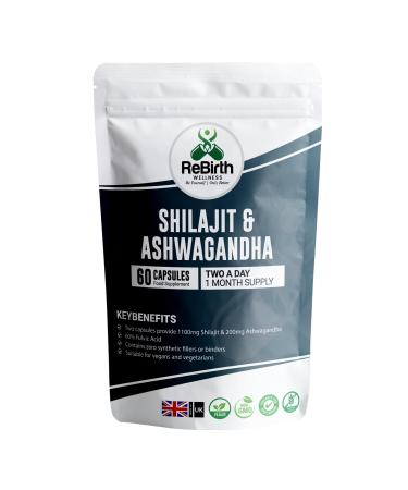 Shilajit Capsules 60 Vegan Capsules - 1300mg per Serving with Ashwagandha Root Extract 60% Fulvic Acid Pure High Strength Shilajit Supplement for Stamina and Stress
