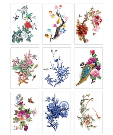 Flower Fake Temporary Tattoo Sticker L8.3xW5.8(9 Sheets) 1