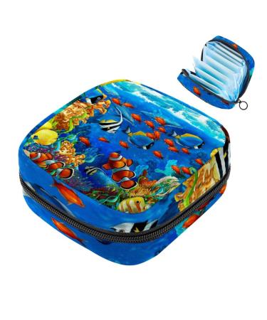 Menstruation pad bag with zipper women's napkin bag tampons collection bags for women and girls (under water fish in the ocean sea tropical)