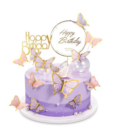 LANGPA 22-Pieces Butterfly Cake Decorations With Happy Birthday Acrylic Cake Toppers for Baby Shower Wedding Birthday Party Decor (Purple & Pink)