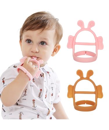 Adjustable Baby Wrist Teethers for Babies Never Drop Silicone Baby Teething Toys for 0 6 12 Months Infants Toddlers Baby Chew Toys for Sucking Needs (Bee-Pink+Brown)