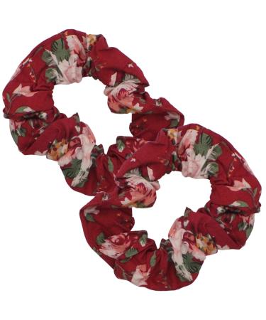 Topkids Accessories Set of 2 Floral Cotton Scrunchies for Girls & Women Hair Accessories for Ladies & Girls Hair Bobble Hair Band Scrunchie (Dark Red)