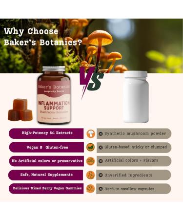 Baker's Botanics Longevity Inflammation Support Gummies - Mushroom Gummies for Complete Women Wellness | Chaga, Maitake, Turmeric, Astragalus & Zinc | Peach Flavor | Vegan, Gluten-Free, Non-GMO Inflammation Response - Buy Online on GoSupps.com