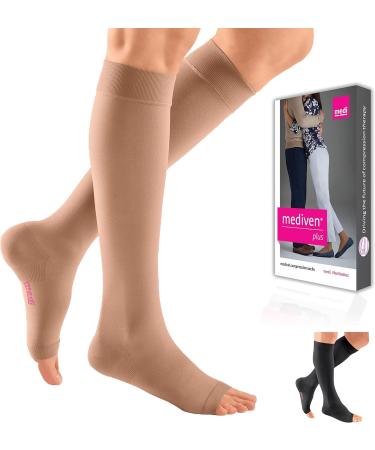 mediven Plus for Men & Women 20-30 mmHg Knee High Compression Socks with Silicone Top Band Open Toe Leg Circulation Opaque Leg Support Compression Coverage V Extra Wide Standard Beige V - Extra Wide Standard Beige