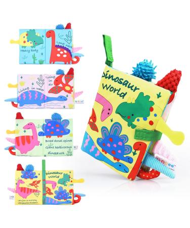 Baby Cloth Books with 3D Dinosaur Tails Soft Crinkle Activity Book Touch and Feel Pram Book Built-In Sound Paper Early Education Intelligence Development for Babies 0-12 Months Dinosaur World