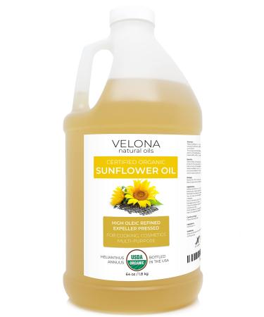 velona USDA Certified Organic Sunflower Oil - 64 oz | 100% Pure and Natural Carrier Oil | High Oleic  Refined  Cold Pressed | Cooking  Skin  Hair  Body & Face Moisturizing | Use Today - Enjoy Results 4 Pound (Pack of 1)