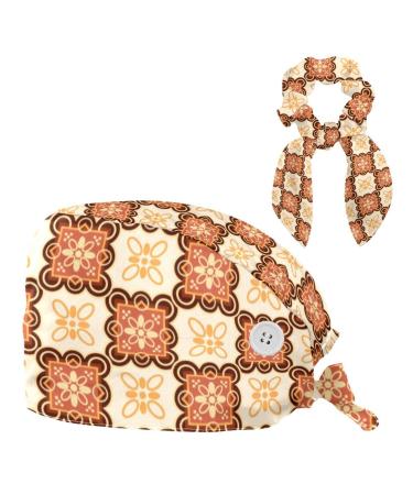 Surgery Cap Bouffant Caps Working Cap with Buttons and Bow Hair Scrunchie for Women Long Hair Elegant Floral Flower Multicoloured 9