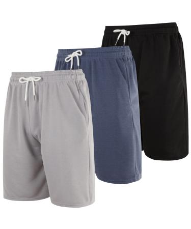 3 Pack: Men's 9" French Terry Cloth Cotton Casual Shorts with Pockets - Athletic Lounge SweatShorts (Available in Big & Tall) Regular Fit Large Set 7