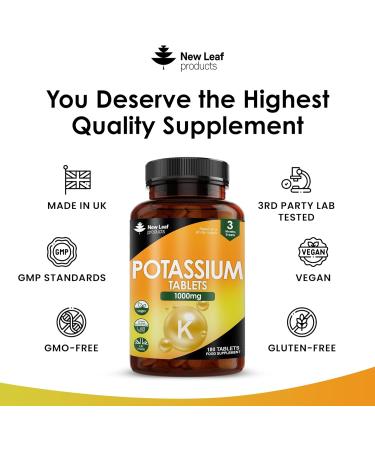 High Strength Potassium Supplement - 180 Vegan Tablets for Muscle & Nervous System - Gluten-Free, Non-GMO - Made in UK by New Leaf - 180 Count - Buy Online on GoSupps.com