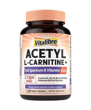 Acetyl-L-Carnitine HCl 1250mg with B1 B2 Niacin Biotin Folic Acid Methyl B12 B5 & Iron B Vitamins High Potency Energy Brain Support 120 Vegan Caps 120 Count (Pack of 1)