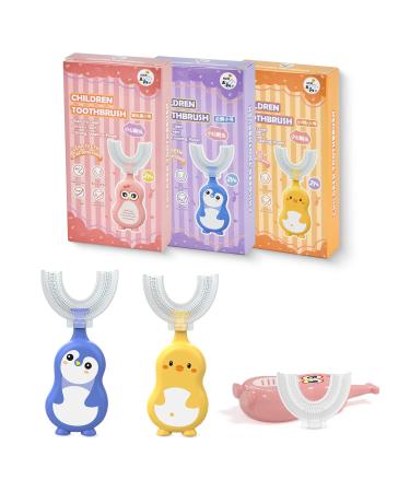 U Shaped Toothbrush Kids 3 Pack Toddler Toothbrush with BPA Free Soft Safe Silicone Bristles Assorted Baby Toothbrush for Toddler Age 1-2 & Age 3+ Cute 360 Whole Mouth Toothbrush Penguin Chick Duck