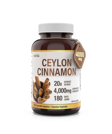 Herba Ceylon Cinnamon Capsules 4000mg - 180 Vegetable Capsules | Powerful 20:1 Extract from Sri Lanka | Equivalent to 4 000mg Dry Ceylon Cinnamon Powder | Made in Canada