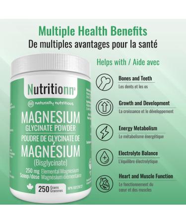 Magnesium Glycinate Powder 250 g - Pure Chelated Bisglycinate Supplement for Good Health and Sleep - 250 mg Elemental Magnesium Scoop up to 500 mg Daily for Men and Women - Made in Canada - Nutritionn - Buy Online on GoSupps.com