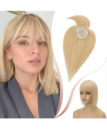 Elailite Human Hair Topper With Fringe Clip in For Women Thinning Hair - 100% Real Hair Invisible Toupee Mono Base Crown Hair Extension Hairpiece (#24 Natural Blonde 10 inch)