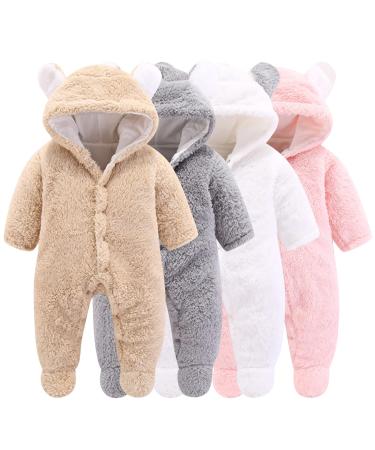 Newborn Baby Cartoon Bear Snowsuit Winter Coat Fleece Hooded Romper Jumpsuit 3-6 Months Khaki