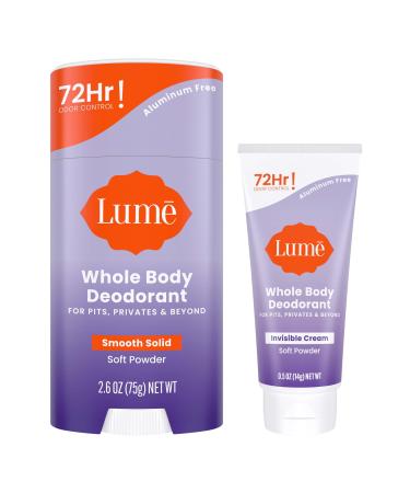 Lume Whole Body Deodorant - Invisible Cream Tube Mini and Solid Stick - 72 Hour Odor Control - Aluminum Free Baking Soda Free Skin Safe - 0.5 Oz Mini Tube + 2.6 Oz Solid Stick (Soft Powder)