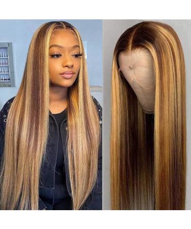 Bele Real Hair Wig Black Women Ombre 4/27 13 x 6 (33x15 cm) T-Part Straight Lace Front Wig 150% Density Highlight 4/27 Straight Lace Front Wig Honey Blonde 30 inch 13 x 6 T Part ST Wig