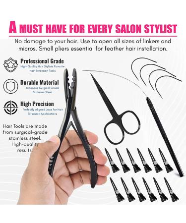 Hair Extension Tools Kit: 2 Hole Micro Beads, Microlink Crimping Plier, Sectioning Clips, Parting Tool, Scissor, Needles Pulling Loop - Black - Buy Online on GoSupps.com