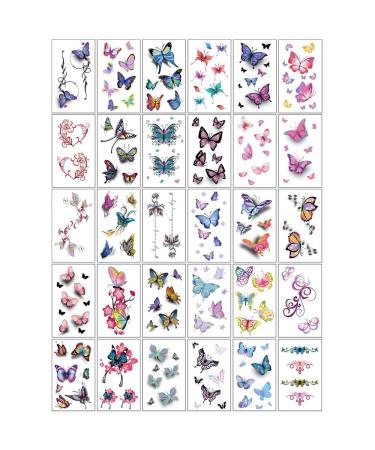 30 Sheets 3D Butterfly Temporary Tattoos for Women and Girls  Muulaii Waterproof Fake Tattoo Stickers  Colorful Butterfly Body Art Temporary Tattoos in Bracelets  Back  Wrist and Arm Bands