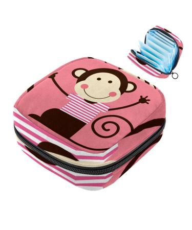 Menstruation pad bag with zipper women's napkin bag tampons collective bags for women and girls (cute animal monkey pink)