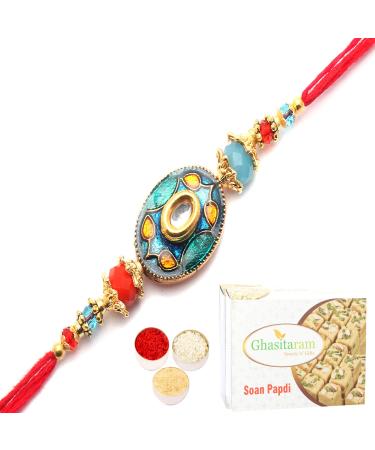 Ghasitaram Gifts Rakhi for Brother Rakhis Online - Solace of Brother Sister Bonding Rakhi with 200 GMS of Soan Papdi