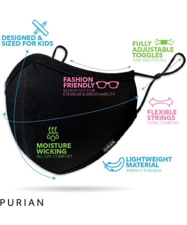 PURIAN Kids Black Face Mask - Reusable Adjustable Ear Straps Premium Multilayer Cotton Perfect Fit for Kids & Teens - Buy Online on GoSupps.com