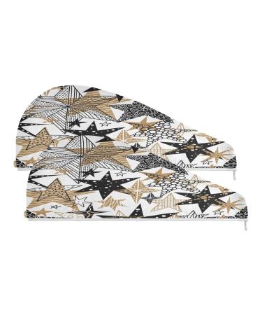 Black and Gold Doodle Stars Dry Hair Cap 2 Piece Quick Drying Towel Set with Button Headband Super Absorbent Soft & Comfortable