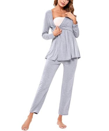 Litherday Women's Maternity Nursing Pyjamas Set Long-Sleeved Breastfeeding Sleepwear Soft Labor Nightwear PJ Loungewear-2 XL Light Grey