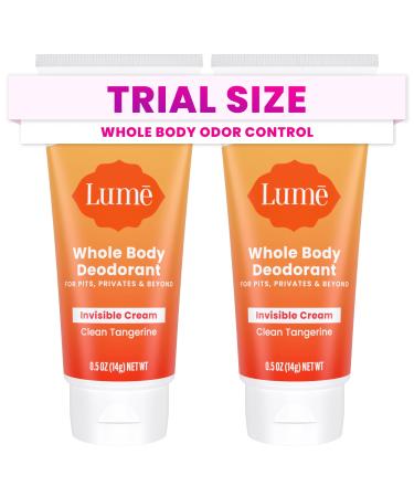 Lume Whole Body Deodorant - Mini Travel Size Invisible Cream Tube - Trial Size - 72 Hour Odor Control - Doctor Developed - Aluminum Free Baking Soda Free - .5oz (Pack of 2) (Clean Tangerine)