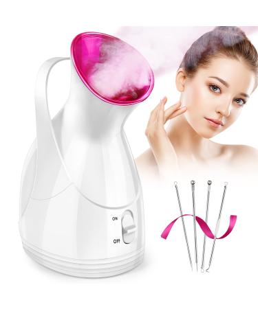 Nano Ionic Vaporizador Facial Steamer for Facial Deep Cleaning Warm Mist Humidifier, Personal Face Steamers Professional Kit Home Spa Portable Facial Bonus 4pcs Stainless Steel Skin Kit for Face Pink