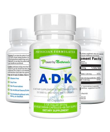 Power By Naturals ADK Vitamin Supplements with Vitamin A Vitamin D3 5000 iu and Vitamin K2 as MK-7 60 Capsules (2 Month Supply) 60 Count (Pack of 1)