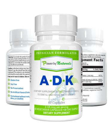 Power By Naturals ADK Vitamin Supplements with Vitamin A Vitamin D3 5000 iu and Vitamin K2 as MK-7 60 Capsules (2 Month Supply) 60 Count (Pack of 1) - Buy Online on GoSupps.com