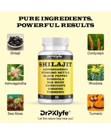 DrPKlyfe Shilajit Capsules with Ashwagandha Rhodiola Sea Moss and Turmeric - 753mg 60 Caps - Stress Relief Stamina Building Adrenal Adaptogens Men's Health & Joint Support - Buy Online on GoSupps.com
