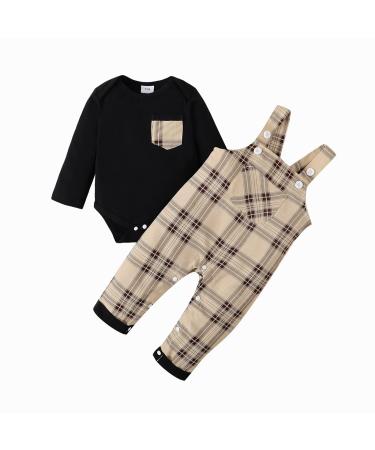 puseky Baby Boy Clothes Suit Newborn Infant Long Sleeve Romper and Plaid Suspenders Overall Pants Spring Fall Outfits 3-6 Months Black